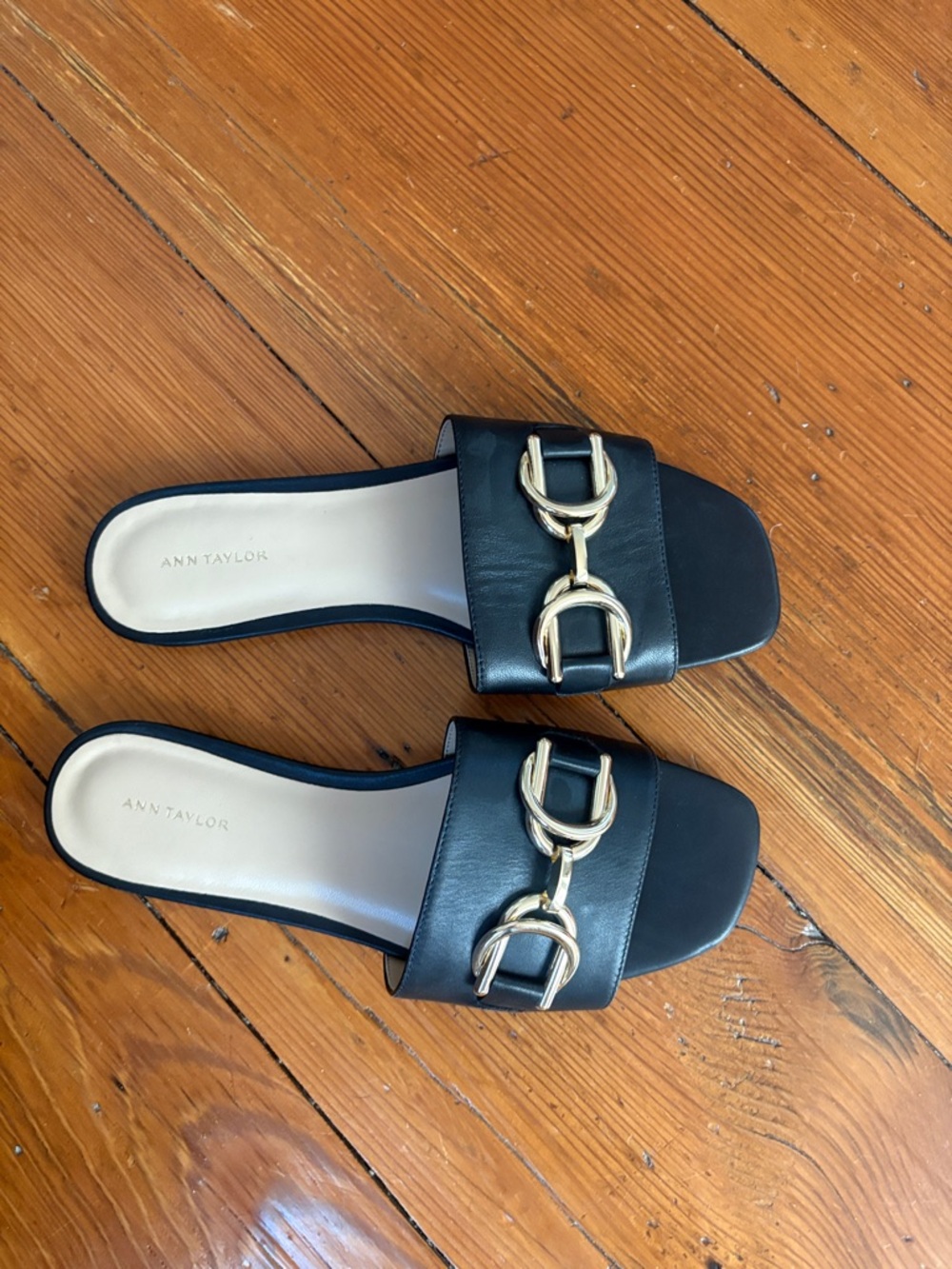 Ann Taylor Black Slides with Gold Horsebit Accent